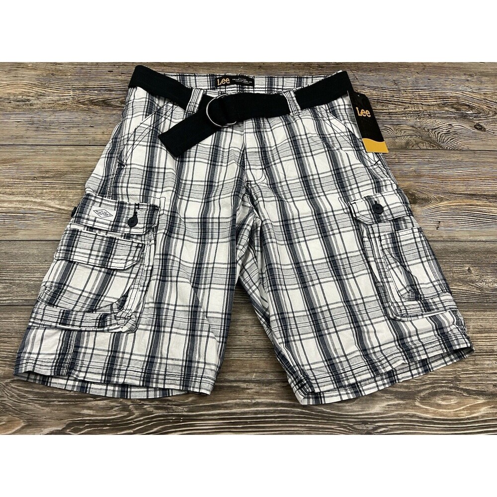 Lee Men's Cargo Shorts Blue Mirage Plaid Belted Utility 100% Cotton Size 30 ~NEW
